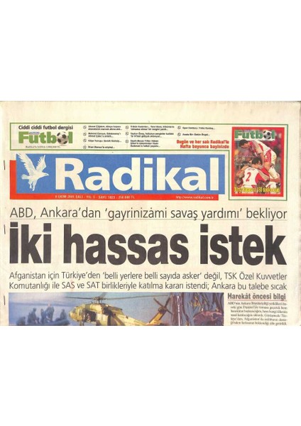 Radikal Gazetesi 9 Ekim 2001 - Özbekistanda Tehlike Çanları - Kuzey Ittifakı Kabili Izliyor GZ126915