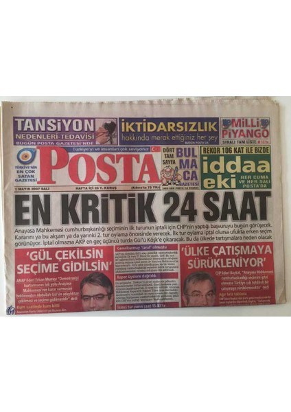 Posta Gazetesi 1 Mayıs 2007 - Cumhurbaşkanlığı Seçiminde En Kritik 24 Saat GZ28033
