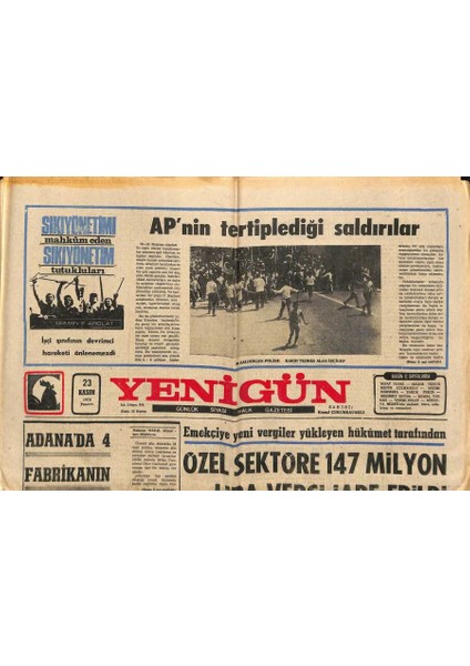 Yenigün Gazetesi 23 Kasım 1970 - Apnin Tertiplediği Saldırılar GZ117366
