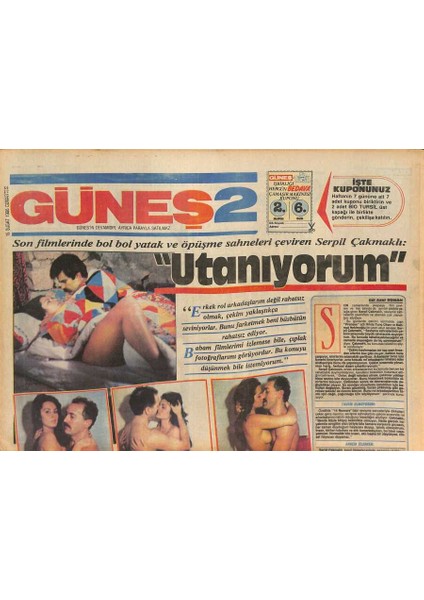 Güneş Gazetesi 2 Eki 15 Şubat 1986 - Serpil Çakmaklı Artık Öpüşmüyorum Dedi, Ramboya Karşı Conan GZ126880