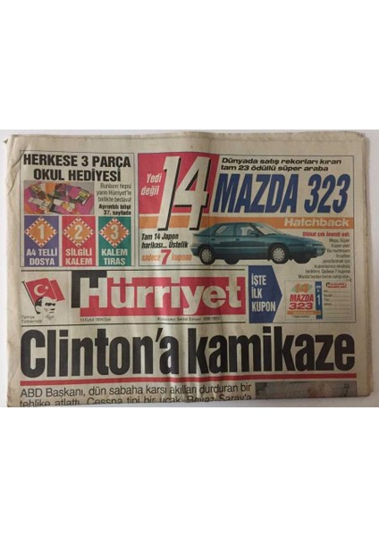 Hürriyet Gazetesi 13 Eylül 1994 - Abd Başkanı Clintona Kamikaze GZ26470