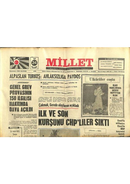 Millet Gazetesi 24 Haziran 1975 - Alpaslan Türkeş Ahlaksızlığa Paydos GZ104165