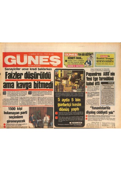 Güneş Gazetesi 14 Haziran 1983 - Papandreu Abdnin Yeni Ege Formülünü Kabul Etti GZ126923