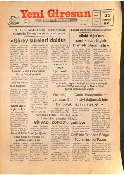 Yeni Giresun Gazetesi 23 Temmuz 1992 - Görelenin Telefon Kodu Değişmedi GZ107999