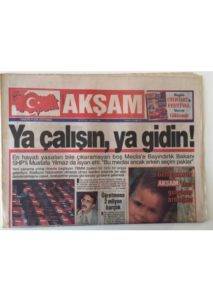 Akşam Gazetesi 16 Eylül 1994 - En Hayali Yasaları Bile Çıkaramayan Boş Meclise Bayındırlık Bakanı Shpli Mustafa Yılmaz Isyan Etti GZ20497