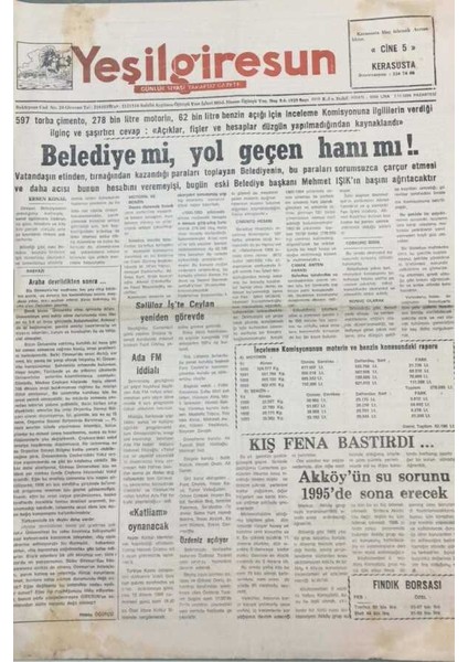 Yeşil Giresun Gazetesi 7 Kasım 1994 Belediye Mi Yol Geçen Hanı Mı? GZ26095