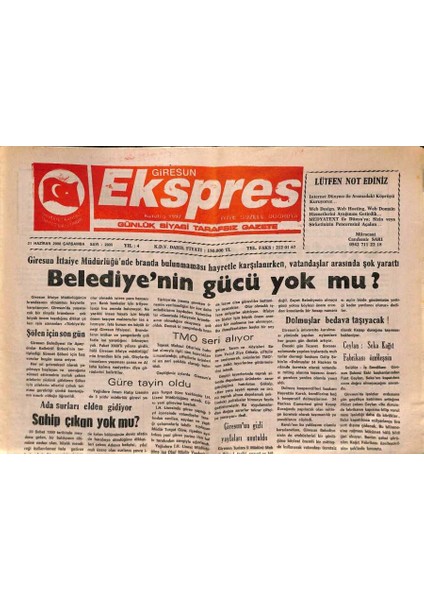Giresun Ekspres Gazetesi 21 Haziran 2000 - Fuat Ceylan Seka Kağıt Fabrikası Özelleşsin GZ79004