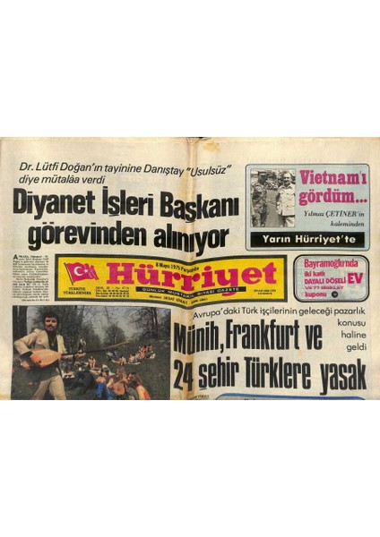 Hürriyet Gazetesi 8 Mayıs 1975 - Yıldıray Çınar Söyledi Almanlar Oynadı - Diyanet Işleri Başkanı Görevinden Alınıyor GZ118487