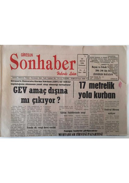 Giresun Son Haber Gazetesi 14 Mayıs 1994 - Fındığın Kaderini Görüşecekler Muhtarlar Zirvesi Pazartesi GZ18333