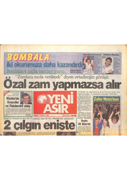 Yeni Asır Gazetesi 6 Temmuz 1986 - Trt , Müzik Yarışmasını Rezil Etti - Navratilova Şampiyon GZ131824