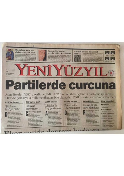 Yeni Yüzyıl Gazetesi 28 Kasım 1995 - Partilerde Curcuna Aday Listeleri Yskya Teslim Edildi GZ13717