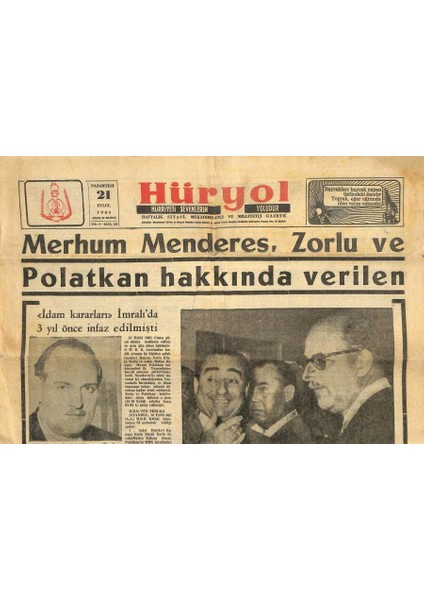 Hüryol Gazetesi 21 Eylül 1964 - Menderes , Zorlu ve Polatkan Için Aileleri Mevlid Okuttular GZ115288
