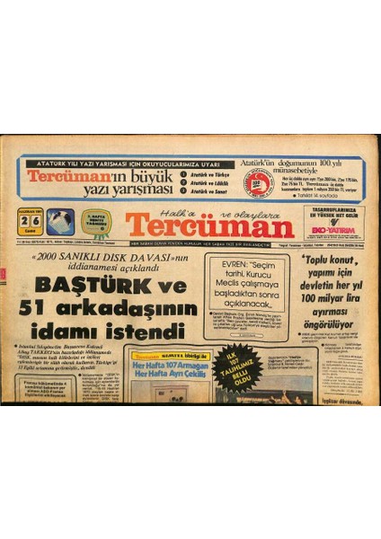 Tercüman Gazetesi 26 Haziran 1981 - Lady Diananın Tuvaleti Foto Muhabirlerinin Objektifine Takıldı - Baştürk ve 51 Arkadaşının Idamı Istendi GZ125964