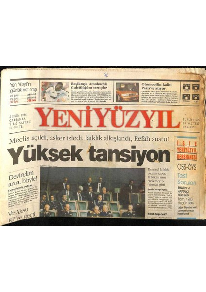 Yeni Yüzyıl Gazetesi 2 Ekim 1996 - Meclis Açıldı , Asker Izledi , Laiklik Alkışlandı , Refah Sustu ! GZ115786
