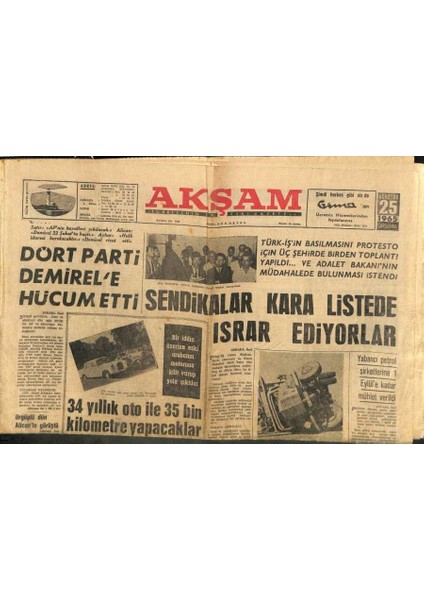 Akşam Gazetesi 25 Ağustos 1965 - Sophia Loren Aranan Aktris - Sendikalar Kara Listede Israr Ediyorlar GZ114132