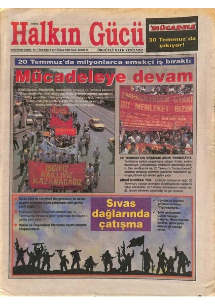 Halkın Gücü Gazetesi 23 Temmuz 1994 - 20 Temmuzda Milyonlarca Emekçi Iş Bıraktı GZ113363