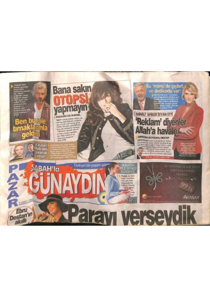 Sabah Gazetesi Pazar Günaydın Eki 8 Şubat 2009 - Nefise Karatay Bana Sakın Otopsi Yapmayın GZ116326