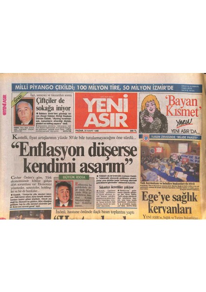 Yeni Asır Gazetesi 20 Mart 1988 - Ferdi Tayfurun Kızı Oldu - Egeye Sağlık Kervanları GZ131965