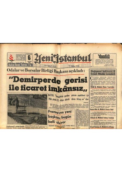 Yeni Istanbul Gazetesi 6 Aralık 1965 - Fransanın Yeni Başkanı Bugün Belli Oluyor GZ102809