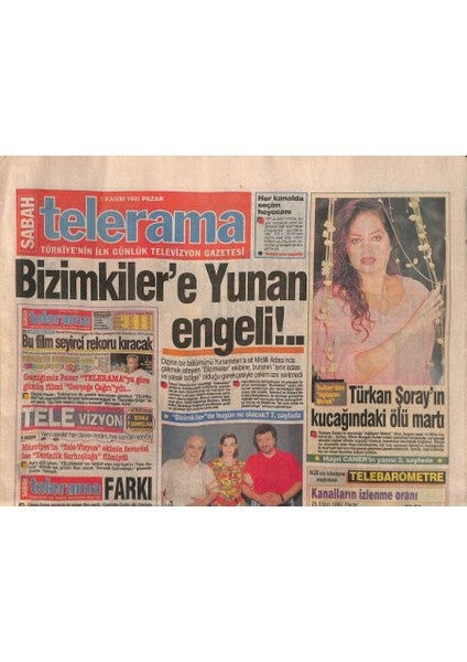 Sabah Gazetesi Telerama Eki 1 Kasım 1992 - Türkan Şorayın Kucağındaki Ölü Martı GZ116231