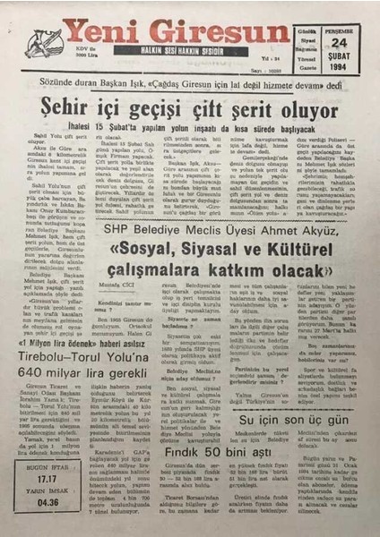 Yeni Giresun Gazetesi 24 Şubat 1994 Sözünde Duran Başkan Işık Çağdaş Giresun Için Laf Değil Hizmete Devam Dedi GZ25989