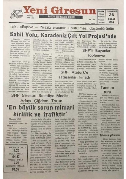 Yeni Giresun Gazetesi 26 Şubat 1994 Shp Giresun Belediye Meclis Adayı Çiğdem Torun GZ25991
