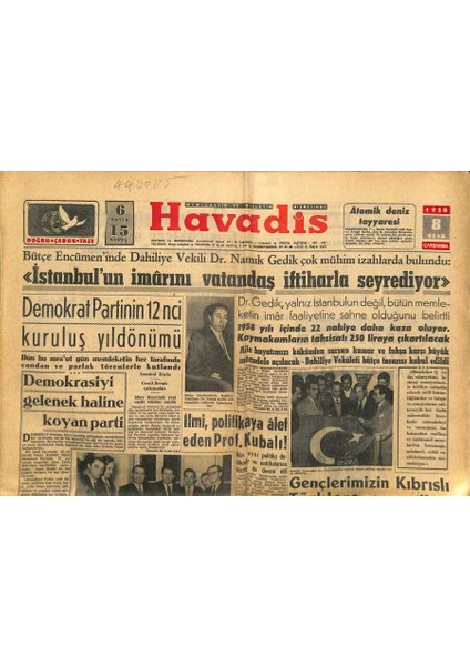Havadis Gazetesi 8 Ocak 1958 - Bu Yıl Çimento Fabrikalarımız Istihlâki Tamamen Karşılıyor - Bmm Bugün Toplanıyor GZ122004
