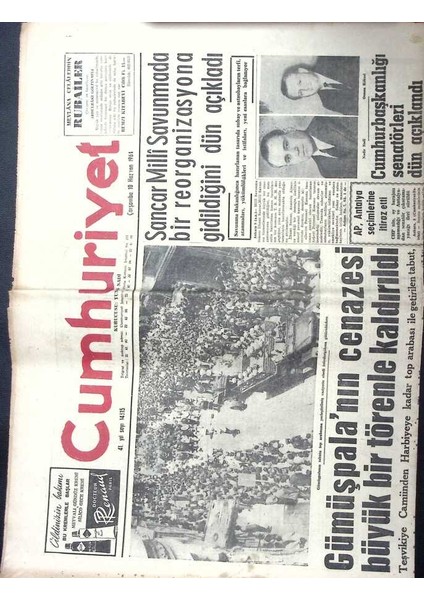 Cumhuriyet Gazetesi 10 Haziran 1964 - Gümüşpalanın Cenazesi Törenle Kaldırıldı, Gülriz Suriri, Mustafa Aytepe GZ122334