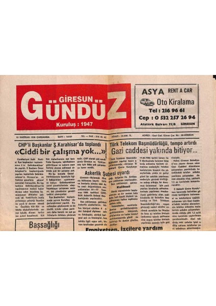 Gündüz Gazetesi 10 Haziran 1998 - Giresun`da Katı Atık Sorunu GZ79794