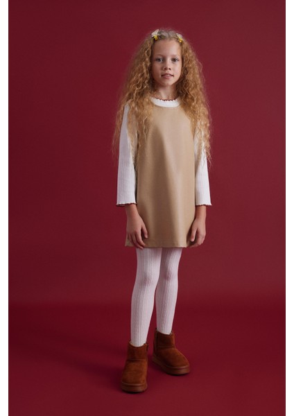 Kız Çocuk Deri Düğme Detaylı Elbise