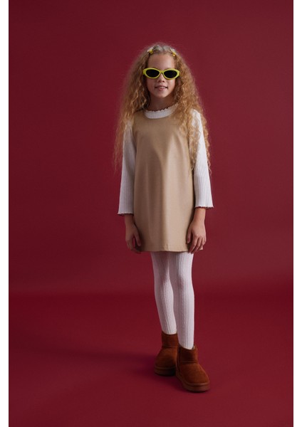 Kız Çocuk Deri Düğme Detaylı Elbise fiyatları