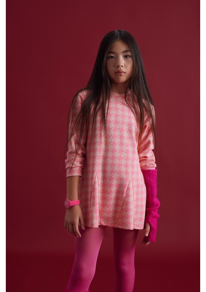 Kız Çocuk Pembe Jakarlı Yumuşak Dokulu Elbise