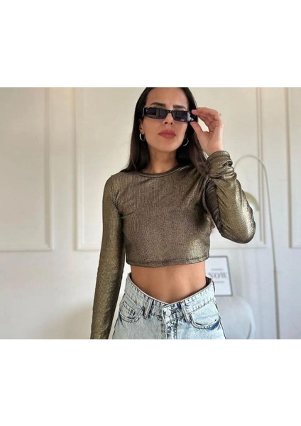 Yaldızlı Uzun Kollu Crop Bluz modelleri