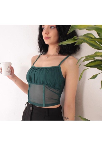 Astarlı Ince Askılı Tül Crop Büstiyer