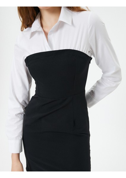 Gömlek Detaylı Mini Straplez Elbise Slim Fit Uzun Kollu