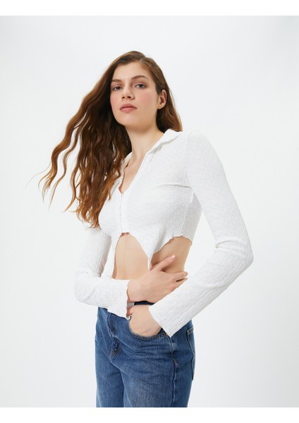 Crop Bluz Asimetrik Kesim Dokulu Slim Fit Uzun Kollu Gömlek Yaka