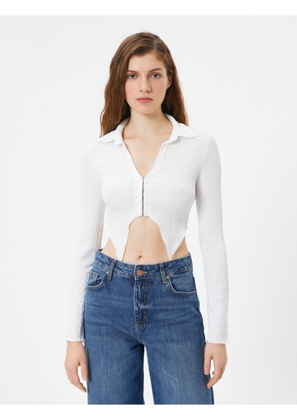 Crop Bluz Asimetrik Kesim Dokulu Slim Fit Uzun Kollu Gömlek Yaka modelleri