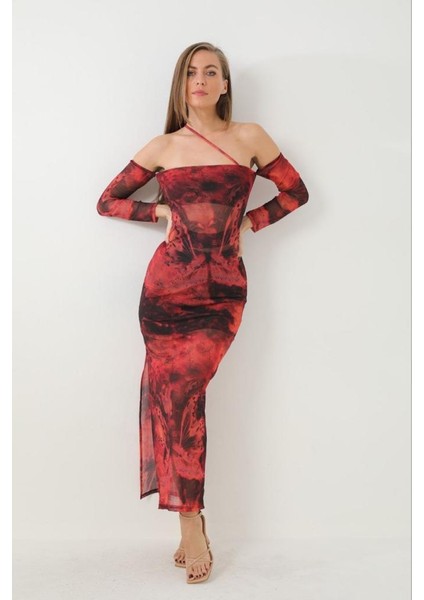 Düşük Kol Detaylı Desenli Midi Boy Tül Elbise