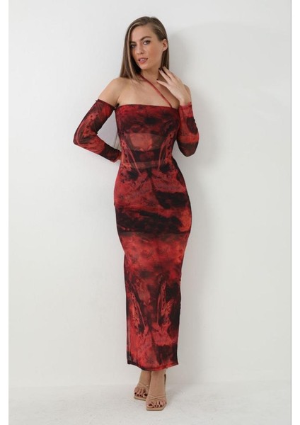 Düşük Kol Detaylı Desenli Midi Boy Tül Elbise fiyatları