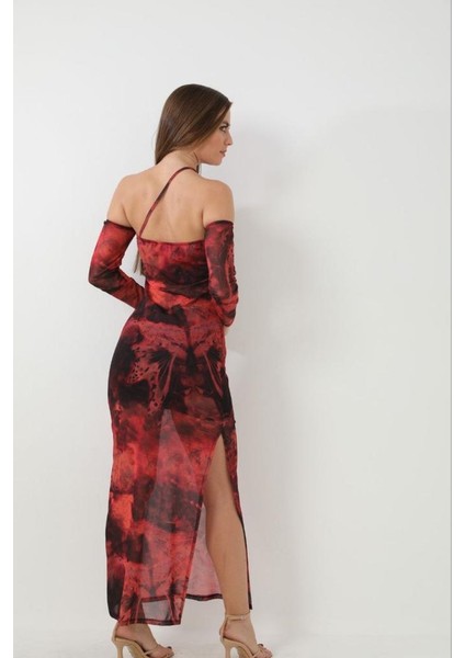 Düşük Kol Detaylı Desenli Midi Boy Tül Elbise modelleri