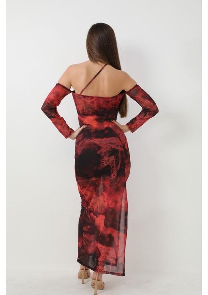 Düşük Kol Detaylı Desenli Midi Boy Tül Elbise fırsatları