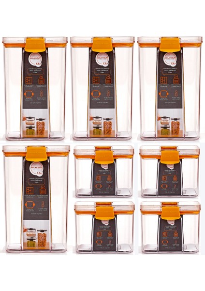 8'li Sızdırmaz, Çift Kilit Klipsli, Vakum Kapaklı, Erzak, Baharat Saklama Kabı (4 Orta +4 Küçük)