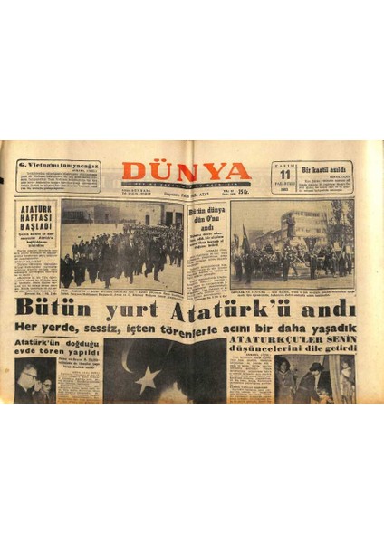 Dünya Gazetesi 11 Kasım 1963 - Bütün Yurt Atatürkü Andı GZ80594