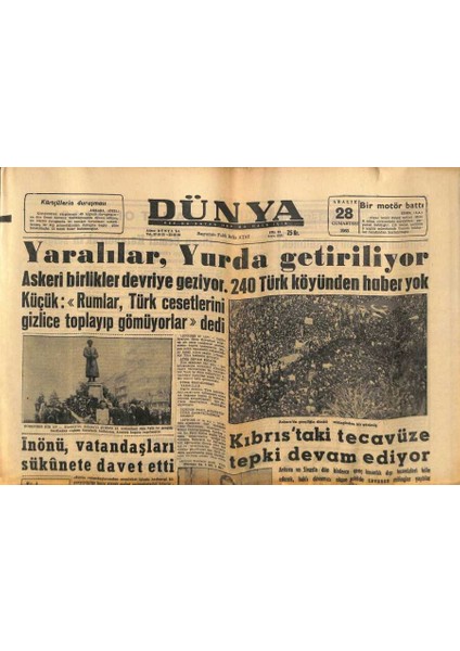 Dünya Gazetesi 28 Aralık 1963 - Kıbrısta Tecavüze Tepki Devam Ediyor GZ80648