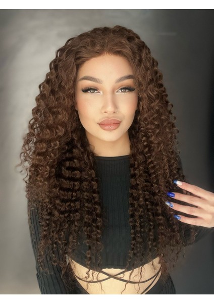 Koyu Kumral Afro Yıka Çık Gerçek Saç Tül Peruk 57
