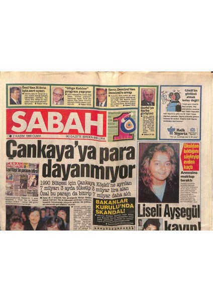 Sabah Gazetesi 2 Kasım 1990 - Çankayaya Para Dayanmıyor GZ83552