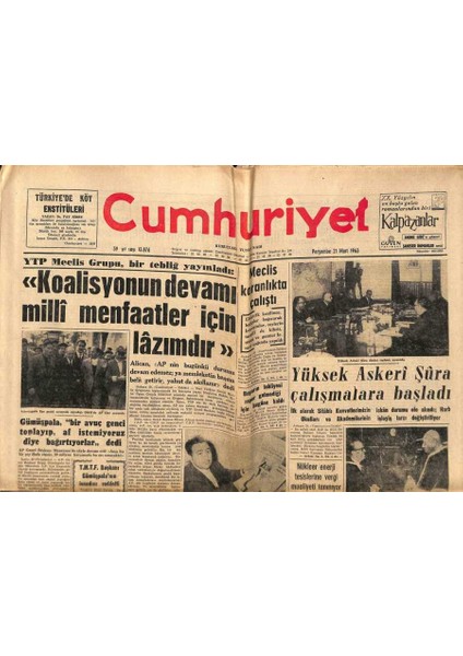 Cumhuriyet Gazetesi 21 Mart 1963 - Papa Dün Vatikanda Erkini Kabul Etti, Metin Milli Takım Kadrosundan Çıkarıldı GZ84494
