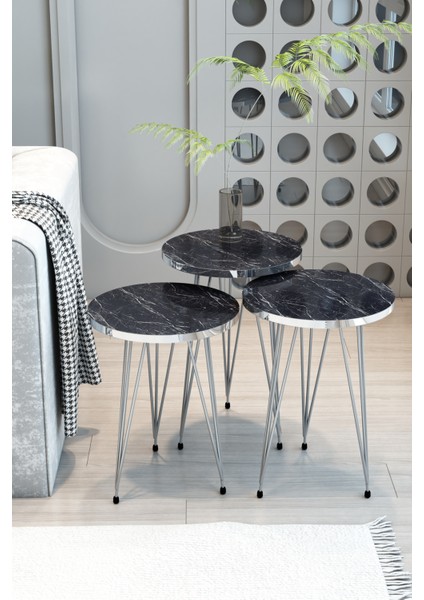 3'lü Zigon Sehpa Gümüş Seri Yuvarlak Model,gümüş Metal Ayaklı Zigon Sehpa Seti Siyah Mermer Desenli