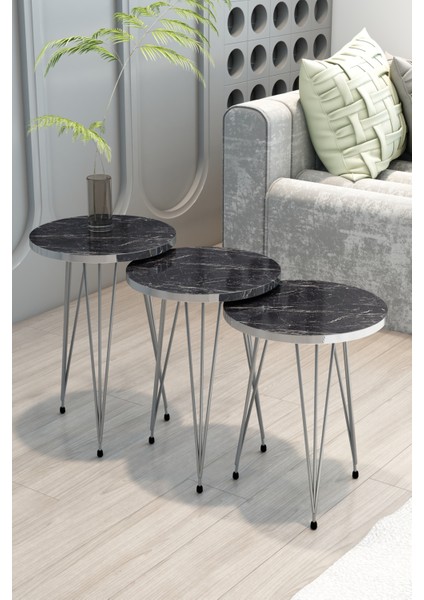3'lü Zigon Sehpa Gümüş Seri Yuvarlak Model,gümüş Metal Ayaklı Zigon Sehpa Seti Siyah Mermer Desenli