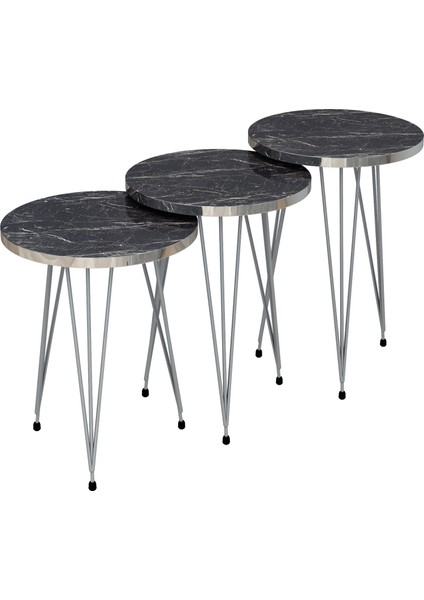 3'lü Zigon Sehpa Gümüş Seri Yuvarlak Model,gümüş Metal Ayaklı Zigon Sehpa Seti Siyah Mermer Desenli